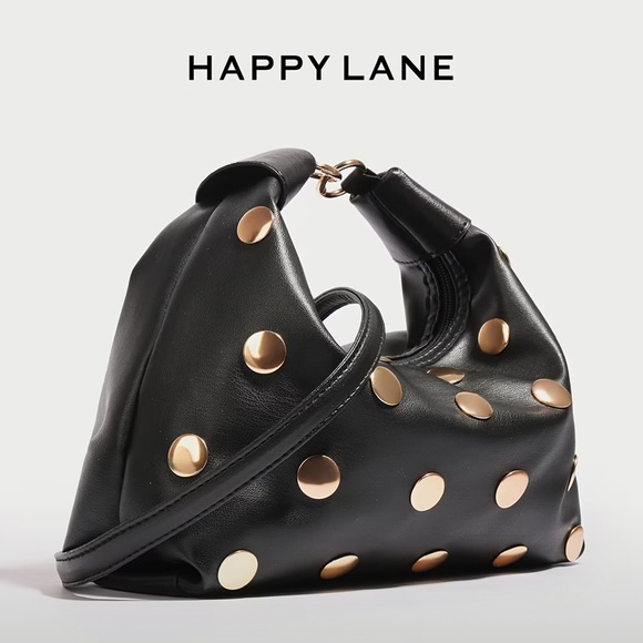 NWT Black Studded Hobo Bag Gold Hardware Shoulder Bag Happy Lane - Picture 2 of 13